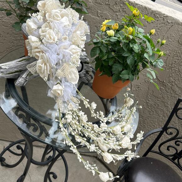 Elegant Ivory Cascade Bridal Bouquet for Your Dream Wedding Vtg Wedding Bouquet Artificial ivory roses, wisteria garland cascading 90’s